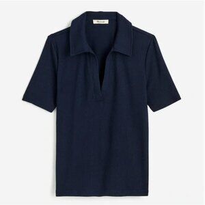 Madewell Drapey Ribbed Short Sleeve Polo Top in Navy Blue XS